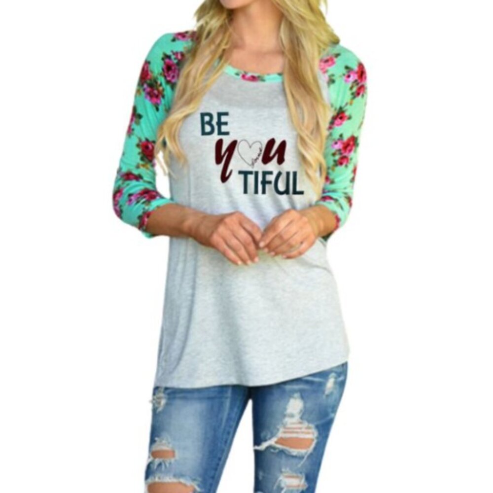 Beautiful Long Sleeve Top Graphic Logo Floral Teal Baseball Henley SZ Small NWT